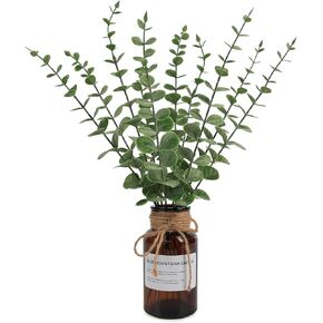 DEEMEI Artificial Plants in Vase, Eucalyptus Stems in Glass Vase,10Pcs Fake Plants Eucalyptus Leaves with Small Amber Vase for Centerpiece Table Farmhouse Wedding Home Greenery Vintage Decor