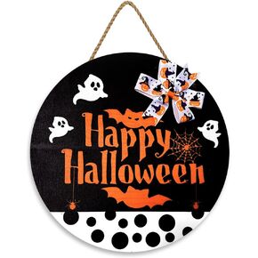 Halloween Decorations Door Sign, 12 Inch Rustic Happy Wooden Hanging Sign for Front Door, Wreath with Bow Party Indoor Outdoor Decor Home (Black)…, Orange
