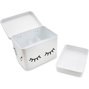 AQ Matte White & Black Metal Storage Box - Removable Tray, Multipurpose Tin with Secure Lid for Cosmetics, Makeup, Toiletries, First Aid - Cute First Aid Box Tin, Minimalist Design