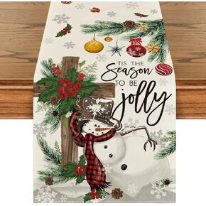 Artoid Mode Holly Fir Snowman Leaves Christmas Table Runner, Seasonal Winter Xmas Balls Kitchen Dining Table Decoration for Home Party Decor 13x72 Inch