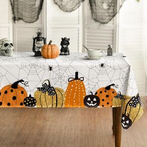 Horaldaily Halloween Tablecloth 60x84 Inch Rectangular, Jack-O-Lantern Pumpkin Cobweb Scary Themed Washable Table Cover for Party Picnic Dinner Decor