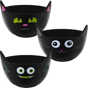 Zcaukya Halloween Party Supplies, Set of 3 Halloween Plastic Trick Treat Candy Bowls, Cat Shaped Plastic Serving Bowl in Orange Purple Black for Halloween Parties