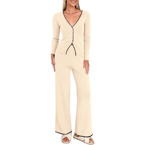PRETTYGARDEN Women's 2 Piece Lounge Outfits Long Sleeve V Neck Button Top Wide Leg Pants Knit Sweater Tracksuit Set