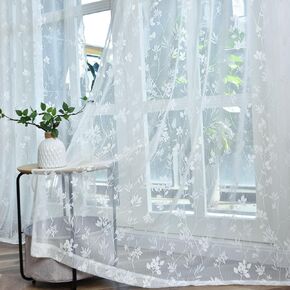 FINECITY Ivory Lace Curtains 63 Inch Length, 2 Panels Farmhouse Embroidered Branch Leaf Floral Lace Window Curtains for Bedroom, Rod Pocket Light Filtering Privacy Sheer Lace Curtains, 52 x 63 Inch