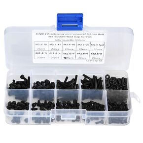 Button Head Socket Caps Screws, 300pcs M2.5 x 3-20mm 12.9 Grade Black Alloy Steel Hex Socket Head Cap Screw Bolt with Nut for Machine Repair