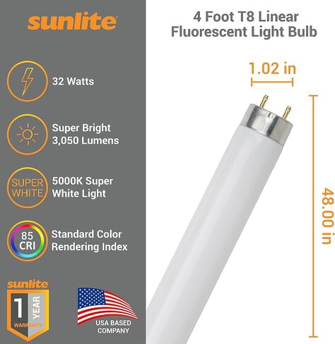 Sunlite 30246 F32T8/SP850 4 Foot T8 Linear Fluorescent Light Bulb, 32 Watts, 3050 Lumens, Medium Bi-Pin (G13) Base, 5000K Daylight, High Performance, 10 Pack in Saudi Arabia