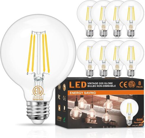 8-Pack G25 LED Globe Light Bulbs 3000K Soft White, Vintage E26 Base Edison Light Bulbs 60W Equivalent, 6W Round Light Bulbs with Filament for Bathroom Vanity, Clear Glass, 600LM, Non-dimmable in Saudi Arabia
