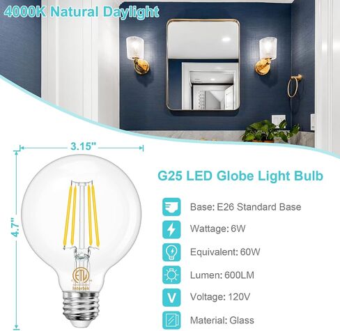 8-Pack G25 LED Globe Light Bulbs 3000K Soft White, Vintage E26 Base Edison Light Bulbs 60W Equivalent, 6W Round Light Bulbs with Filament for Bathroom Vanity, Clear Glass, 600LM, Non-dimmable in Saudi Arabia