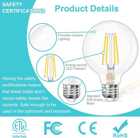 8-Pack G25 LED Globe Light Bulbs 3000K Soft White, Vintage E26 Base Edison Light Bulbs 60W Equivalent, 6W Round Light Bulbs with Filament for Bathroom Vanity, Clear Glass, 600LM, Non-dimmable in Saudi Arabia