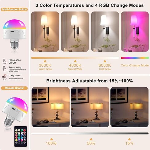 2Pack Rechargeable Light Bulbs with Remote E26/E12 Battery Operated Light Bulb 2200mAh, 3 Color Temperatures/Timer/Dimmer/Color Changing Puck Lights with Remote, Cordless Light Bulb for Non-Hardwired in Saudi Arabia