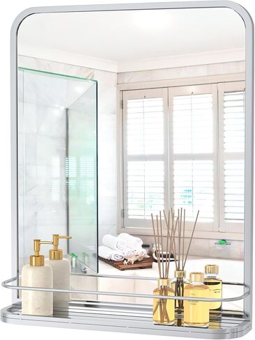 Sliver Bathroom Mirror with Shelf Vanity Mirror,Rectangle Metal Framed Rounded Corner Wall Mirror for Bathroom Living Room,Entryway 21" x 26.7" in Saudi Arabia