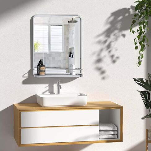 Sliver Bathroom Mirror with Shelf Vanity Mirror,Rectangle Metal Framed Rounded Corner Wall Mirror for Bathroom Living Room,Entryway 21" x 26.7" in Saudi Arabia