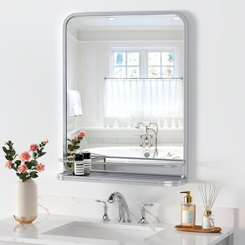 Sliver Bathroom Mirror with Shelf Vanity Mirror,Rectangle Metal Framed Rounded Corner Wall Mirror for Bathroom Living Room,Entryway 21" x 26.7" in Saudi Arabia