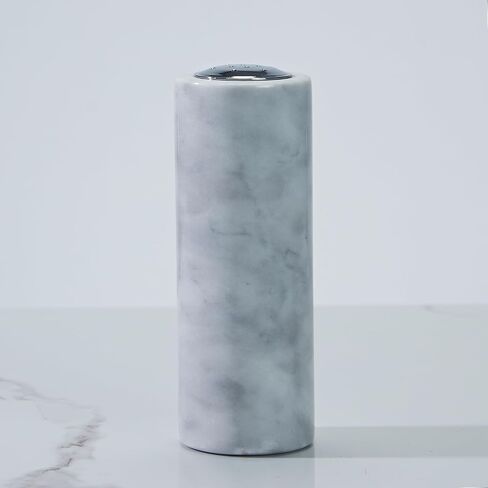White Marble Salt-Pepper Shaker with Grey Veining and Stainless Steel Shaker Plate for Stylish Kitchen and Dining Room Use (White Shaker) in Saudi Arabia