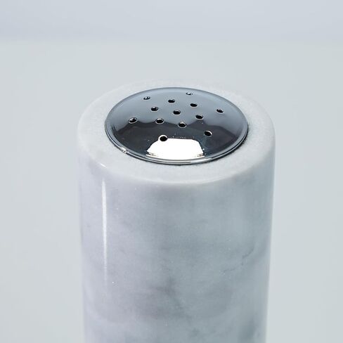 White Marble Salt-Pepper Shaker with Grey Veining and Stainless Steel Shaker Plate for Stylish Kitchen and Dining Room Use (White Shaker) in Saudi Arabia