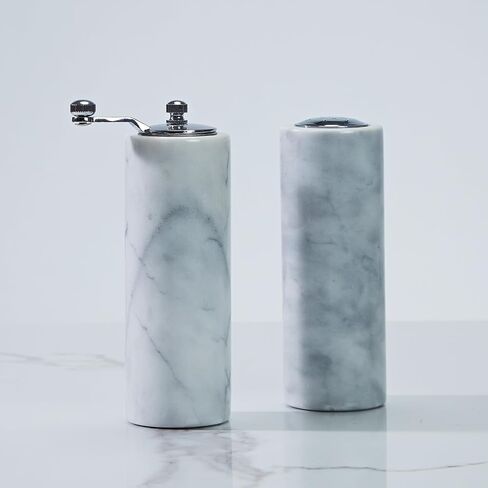 White Marble Salt-Pepper Shaker with Grey Veining and Stainless Steel Shaker Plate for Stylish Kitchen and Dining Room Use (White Shaker) in Saudi Arabia
