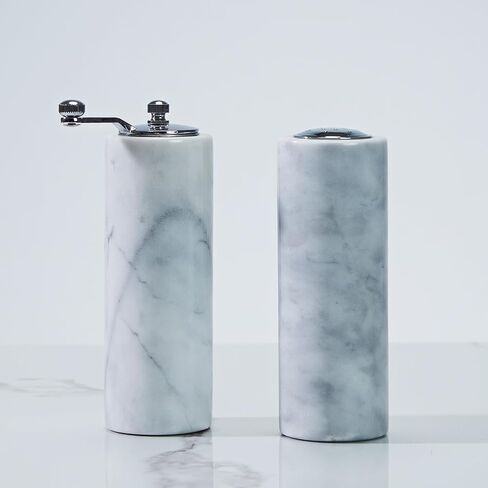 White Marble Salt-Pepper Shaker with Grey Veining and Stainless Steel Shaker Plate for Stylish Kitchen and Dining Room Use (White Shaker) in Saudi Arabia