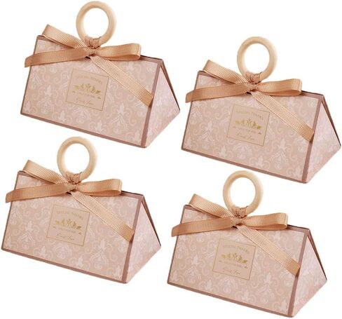 Awcmtpsyol 50pcs Champagne Portable Folding Triangle Gift Box for Wedding Baby Shower Party Favor Chocolate Boxes Decoration Supplies Candy Box with Ribbon and Wooden Beads (S 12 * 7.4 * 6.3CM) in Saudi Arabia