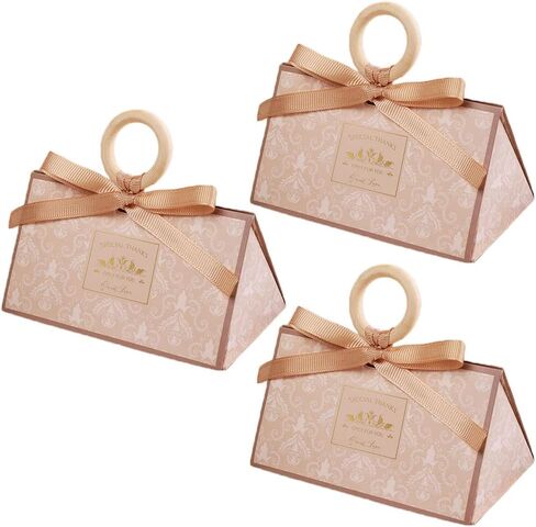 Awcmtpsyol 50pcs Champagne Portable Folding Triangle Gift Box for Wedding Baby Shower Party Favor Chocolate Boxes Decoration Supplies Candy Box with Ribbon and Wooden Beads (S 12 * 7.4 * 6.3CM) in Saudi Arabia