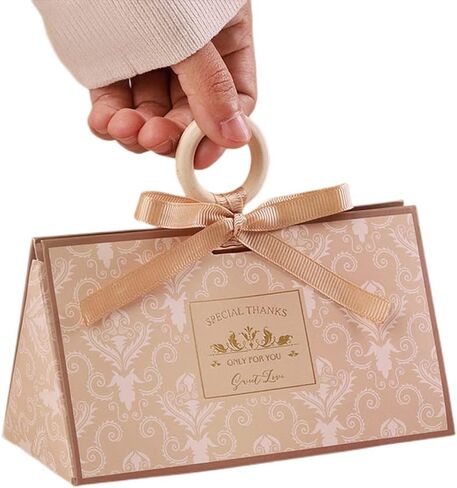Awcmtpsyol 50pcs Champagne Portable Folding Triangle Gift Box for Wedding Baby Shower Party Favor Chocolate Boxes Decoration Supplies Candy Box with Ribbon and Wooden Beads (S 12 * 7.4 * 6.3CM) in Saudi Arabia