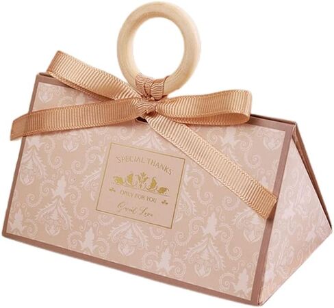 Awcmtpsyol 50pcs Champagne Portable Folding Triangle Gift Box for Wedding Baby Shower Party Favor Chocolate Boxes Decoration Supplies Candy Box with Ribbon and Wooden Beads (S 12 * 7.4 * 6.3CM) in Saudi Arabia
