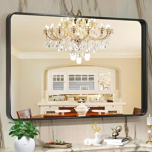 Bathroom Wall Mirror 55x30 Inch, Black Wall Mounted Mirror Decorative Mirror for Wall, Metal Frame Rectangular Mirror With Corner Edge, Corner Hangs for Hook(Horizontal/Vertical), for Vanit in Saudi Arabia