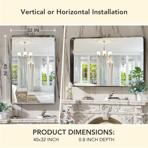 Bathroom Wall Mirror 55x30 Inch, Black Wall Mounted Mirror Decorative Mirror for Wall, Metal Frame Rectangular Mirror With Corner Edge, Corner Hangs for Hook(Horizontal/Vertical), for Vanit in Saudi Arabia