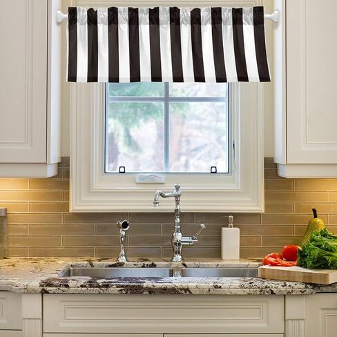 Window Curtain Valance White Black Vertical Stripe Rod Pocket Valances for Kitchen Living Room 54 x 18 inch in Saudi Arabia