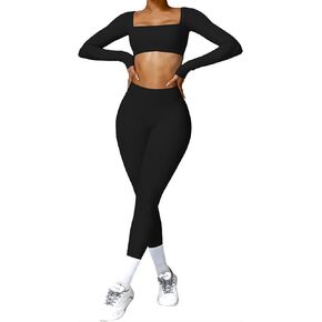 2 Piece Workout Sets for Women Long Sleeve Crop Tops and Yoga Pants Outfits High Waist Flared Leggings Gym Sets