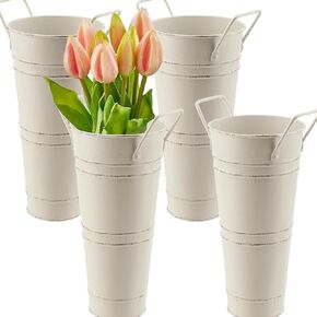 4 Pack 9 Inch Tall Galvanized Flower Bucket, White Farmhouse French Flower Bucket with Handle, Small Rustic Bucket Vintage Metal Vases for Flower, Centerpieces, Floral Wedding Arrangements