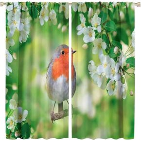 Rustic Birds Flower Print Window Curtains Watercolor Spring Tree Birds for Bedroom Living Room Kitchen Blackout Window Drapes 42x45 Inch