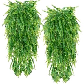 HANDIC Artificial Hanging Plants 2pcs Fake Hanging Plant Faux Hanging Ferns Plant Artificial Outdoor Plants UV Resistant Plastic Plants (Green)