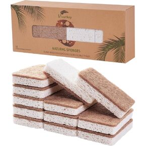 Natural Kitchen Sponge 12 Packs - Biodegradable Sponge - Eco-Friendly Sponge for Sustainable Living - Compostable Wood Cellulose and Coconut Washing Sponge.