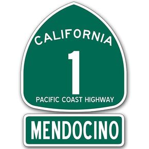PCH 1 and Mendocino Sign Shaped Sticker (Highway ca rv Beach Road Historic Drive Coast California Vinyl Decal for car Window or Laptop (3 x 4 inch)