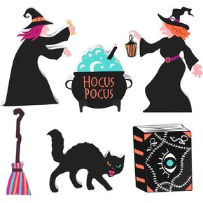 6PCS Witch Themed Halloween Wooden Signs, Freestanding Halloween Wooden Signs Decor Includes Witch Pot Groom Black Cat Spell Book, Halloween Tiered Tray Decor Hocus Pocus Decor for Rustic Farmhouse Home Mantle