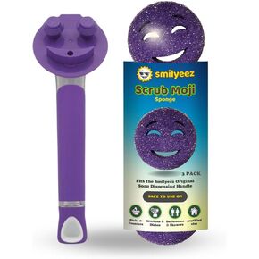 The Original Smiling Sponge Handle Soap Dispensing Handle by Smilyeez - (Purple) & 3 Purple Scrub Moji Sponges