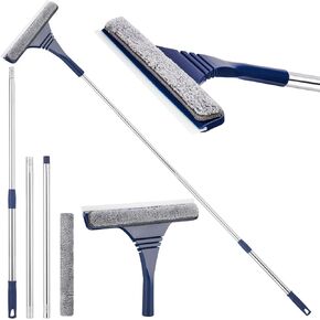 NiHome 2-In-1 Window Squeegee with 67-Inch Extension Pole, Adjustable Length, Dual-Sided Microfiber Cloth & Silicone Blade, Streak-Free Cleaning for Windows, Shower Glass, Mirrors, and Car Windshields