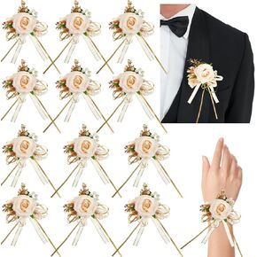Crowye 12 Pcs Champagne Corsage and Boutonniere Set Artificial Flower Wrist Corsage Bracelets Rose Pearl Wedding Boutonniere Prom Flower Wrist Corsage Prom Corsage Wristlet for Men Women Bride Groom