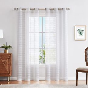 Fragrantex Blue and White Striped Curtains for Bedroom and Living Room Linen Horizontal Stripe Window Drapes and Curtainse Light Filtering Voile Grommet Top 40" Wx63 L 2 Panels
