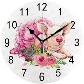 Wall Clock for Living Room Decor Cute Pig Pink Flowers Hanging Round Desk Clocks Battery Operated Silent Non-Ticking Easy to Read Bathroom Kitchen Office PVC 9.8 Inch