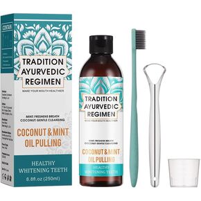 Coconut Oil Pulling for Teeth, Mint Oil Pulling Mouthwash with Tongue Scraper Toothbrush, Alcohol Free