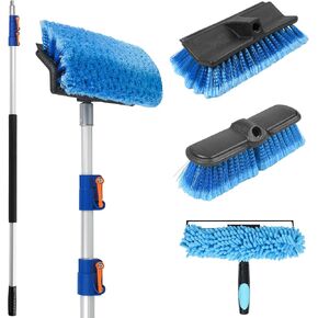 20 FT Exterior House Cleaning Brush Set with 5-12 Foot Telescoping Extension Pole, Soft Scrub Car Wash Brush, Medium Bristle Cleaning Brush and Window Squeegee & Washer