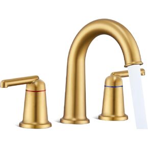 Gold Bathroom Faucets, Brushed Gold Roman Bathroom Faucets 3 Hole with Pop Up Drain, 8 Inch Widespread Bathroom Sink Faucet Two Handle, Faucet for Bathroom Sink Vanity RV Farmhouse