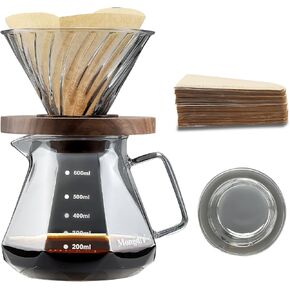 Pour Over Coffee Maker, 20 oz V60 High-Heat Borosilicate Glass Coffee Maker with 100pcs Paper Filters, 5 in 1 Drip Coffee Maker Set for Home Café Restaurant and Camping - 600ml, Gray