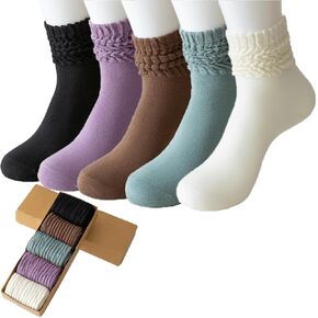 5 Pairs Slouch Scrunch Socks,Retro Ribbed Cozy Slouchy Socks,Solid color Cotton Quarter Crew Socks for Women
