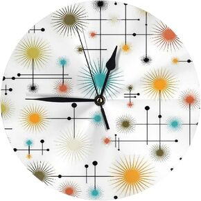 Star Retro Go Mid Century Modern Lines Round Wall Clock Battery Non-Ticking 10 Inch Silent Clock - Retro Style Decorative for Living Room, Kitchen, Home,Bathroom, Bedroom, Laundry Room, White