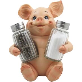 Decorative Pig Glass Salt and Pepper Shaker Set with Holder Stand in Farm Animal Figurines, Sculptures & Statues or Rustic Country Kitchen Decor and Restaurant Table Spice Rack Decorations As Gifts