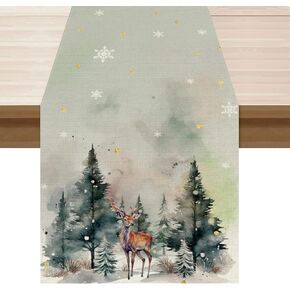 Watercolor Deer Tree Christmas Winter Xmas Cloth Table Runner Burlap Table Decoration for Home Kitchen Dining Dinner Indoor Holiday Farmhouse Decor 13x90 Inch