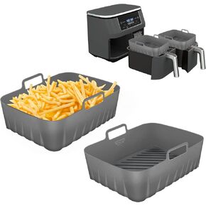 Silicone Liners Rectangle 2 Pcs for Air Fryer Dual Basket 8 to 10 Qt, Food-grade Reusable Baking Tray Fit Ninja DZ201 DZ401 DZ550, 4 to 5 Qt Each, Double Zone Airfryer Accessories