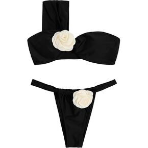 OYOANGLE Women's 2 Piece Swimsuits 3D Flower Ruched One Shoulder Backless Bikini Top and Thong Bathing Suits
